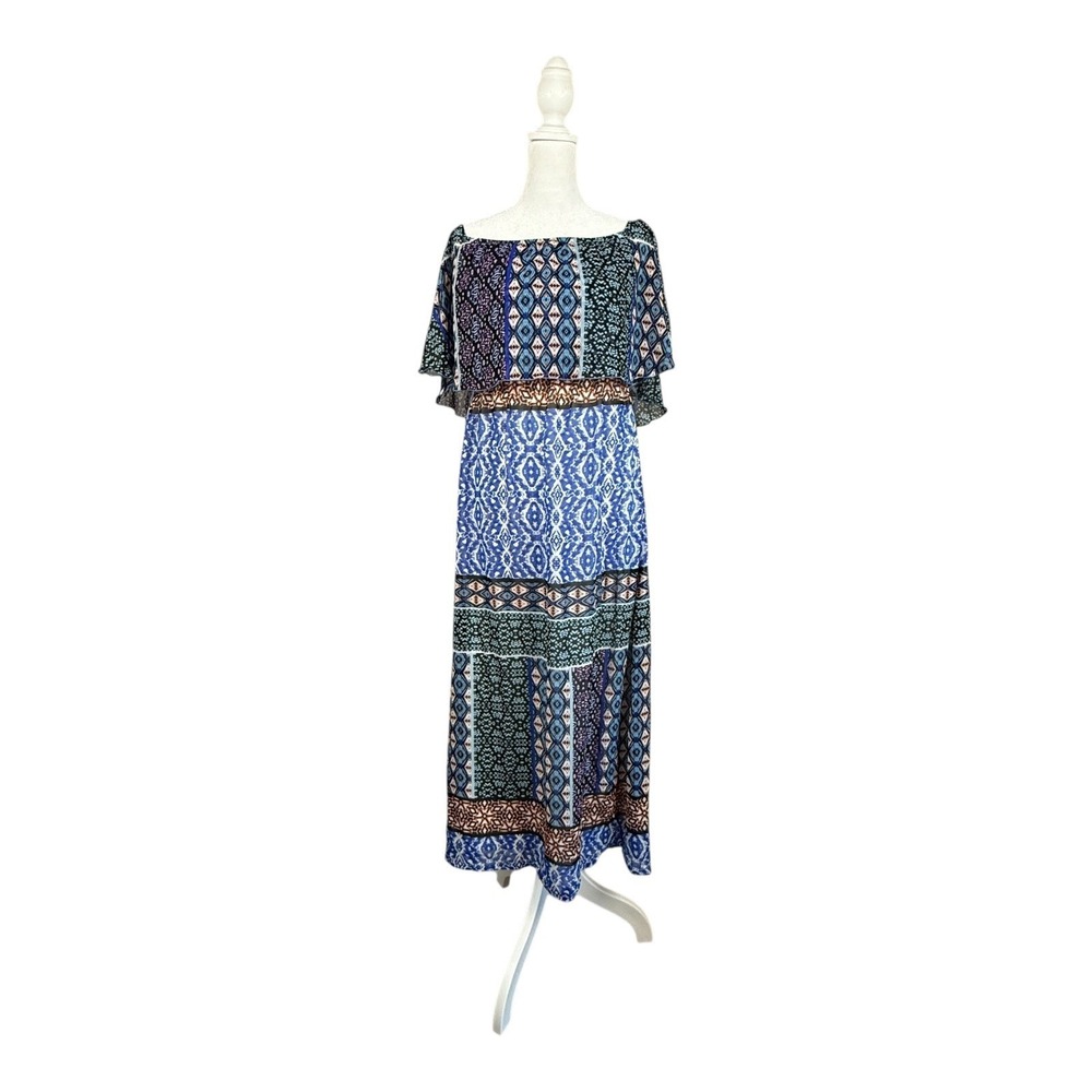 Chicos Maxi Dress Size 0 US Small Boho Off Shoulder Geometric Flutter Sleeve